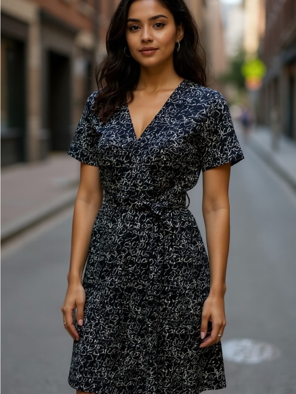 V-Neck Black & White Printed Wrap Dress